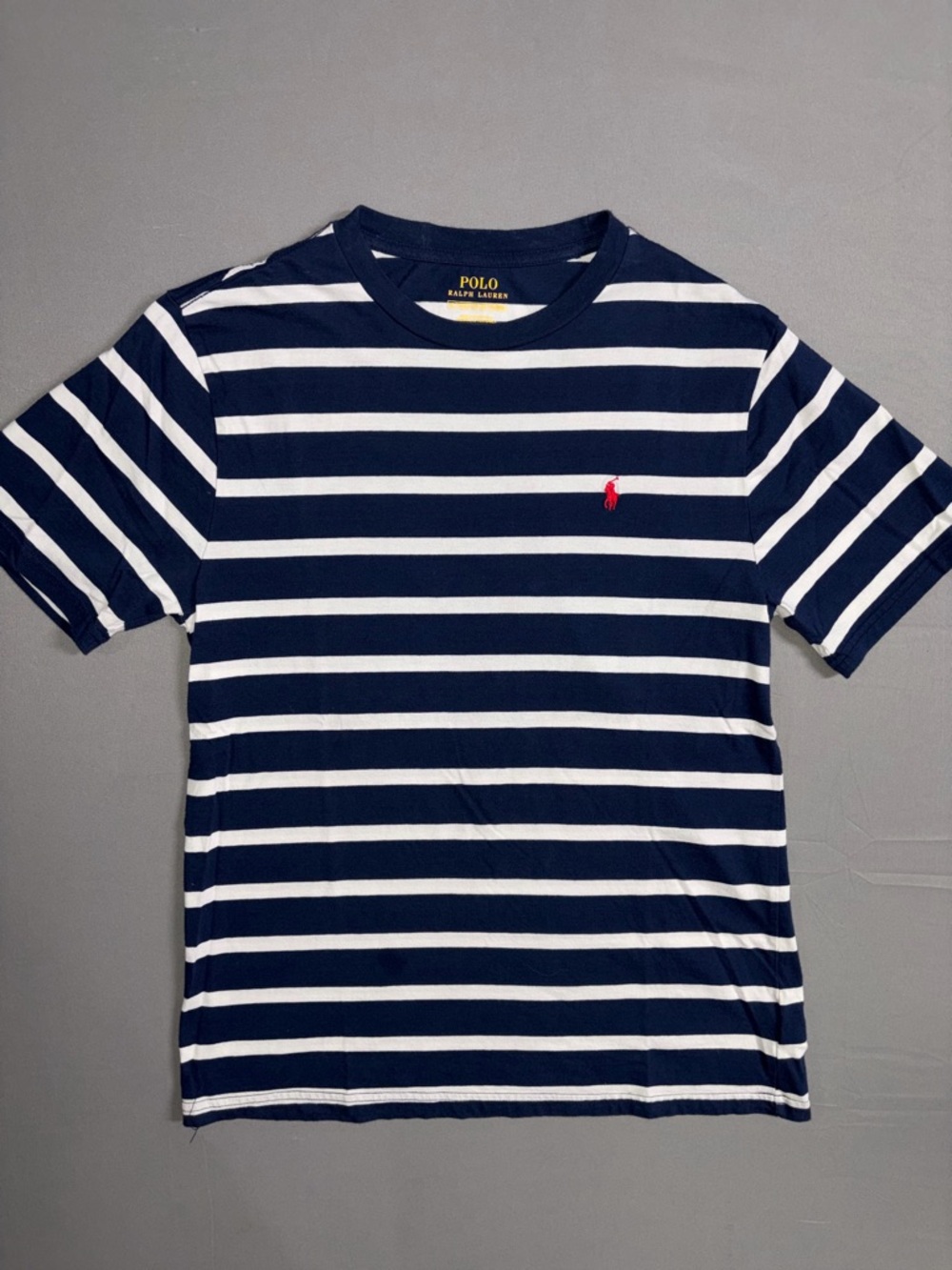 Polo by Ralph Lauren Navy & White Striped Short Sleeve Tee with Red Pony